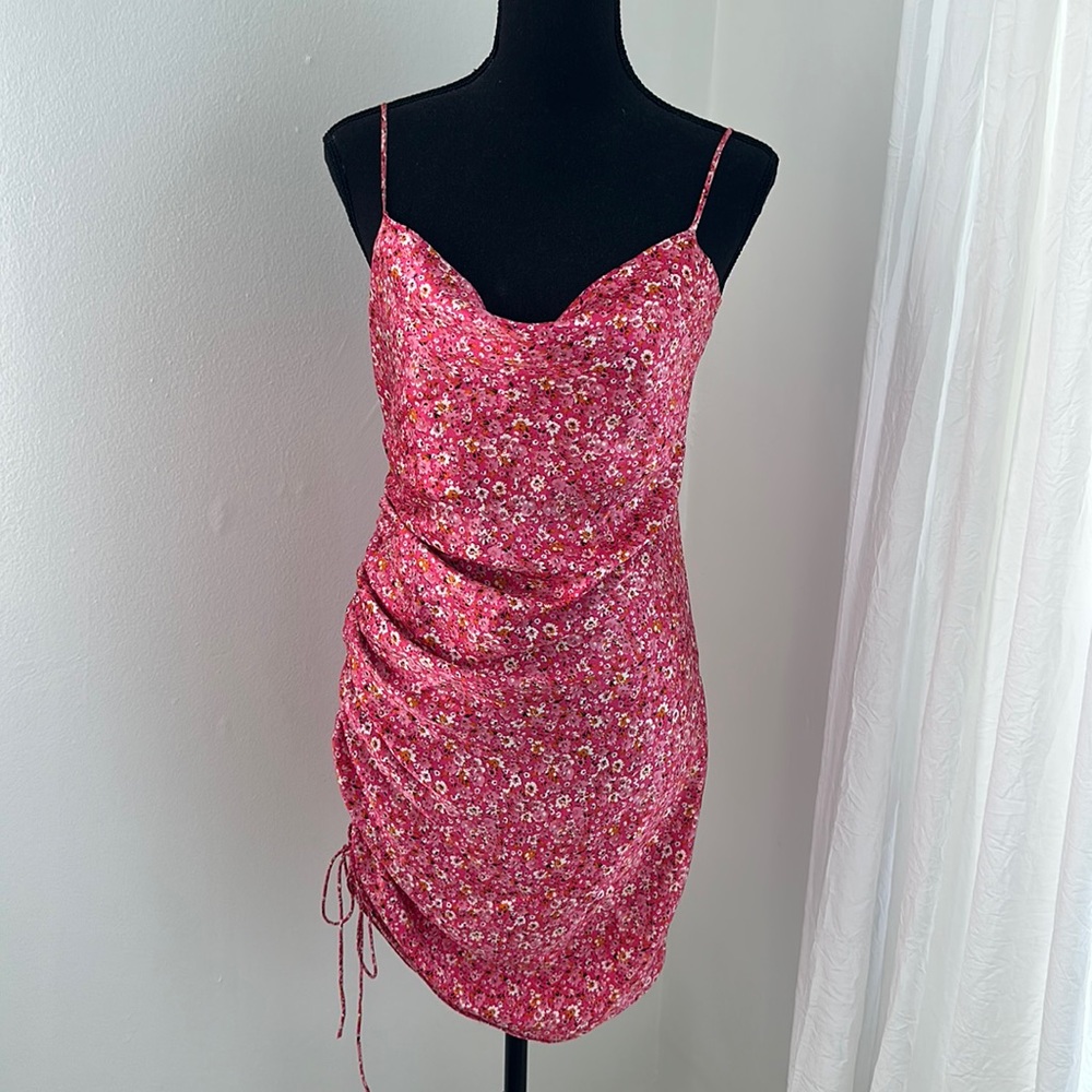 Cinq Sept Astrid Asymmetric Ruched Floral-Print Silk-Charmeuse Mini Dress View 3
